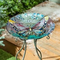 Evergreen Enterprises - Season to Sparkle Bird Bath, Hand-Painted Glass - Icy Butterfly, 18' - Southern Agriculture