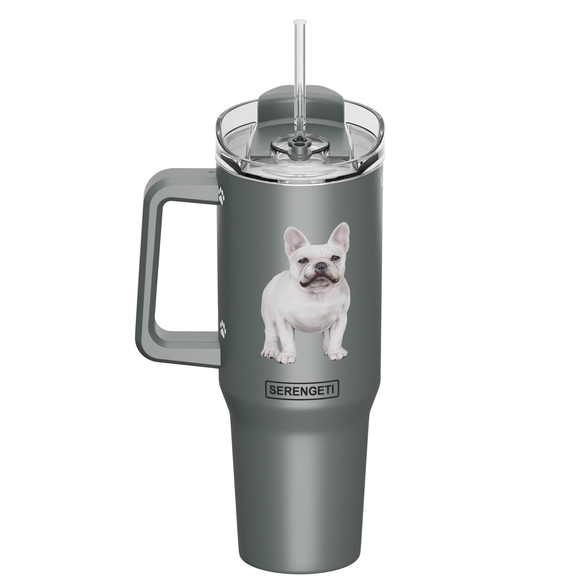 E & S Imports - Tumbler with Handle & Straw French Bulldog White
