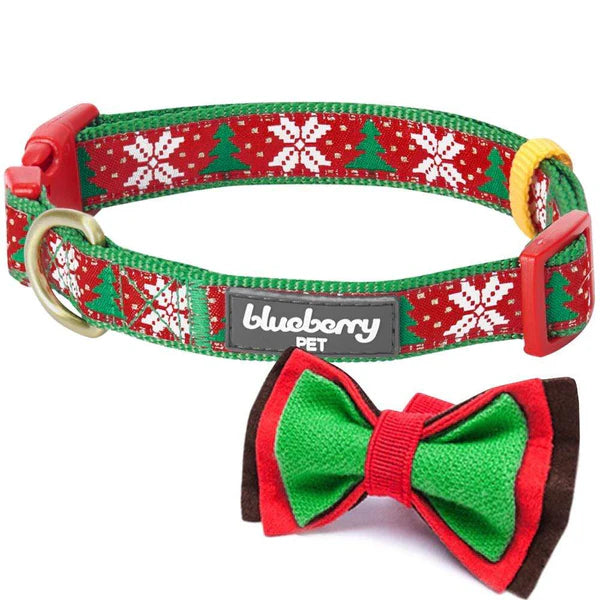 Blueberry Pet - Snowflakes and Trees | Christmas Dog Collar with Handmade Detachable Bow Tie
