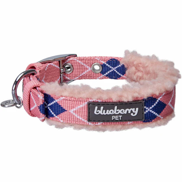 Blueberry Pet - Pink Scottish Argyle | Sherpa Fleece Padded Dog Collar