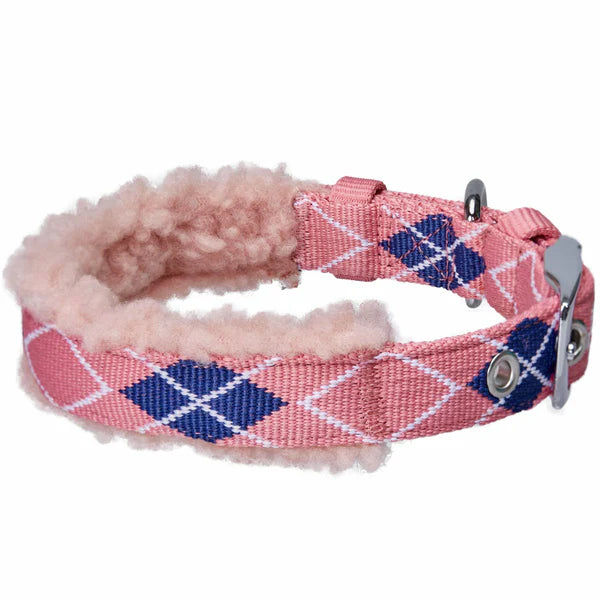 Blueberry Pet - Pink Scottish Argyle | Sherpa Fleece Padded Dog Collar
