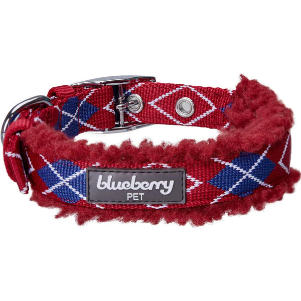 Blueberry Pet - Merlot Red Scottish Argyle | Sherpa Fleece Padded Dog Collar