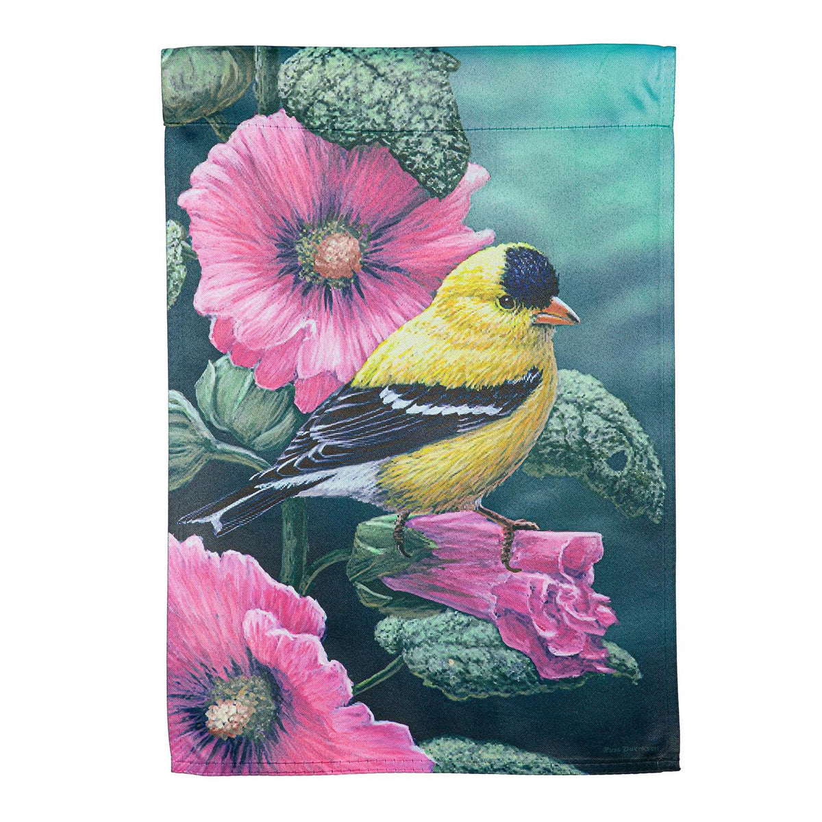 Evergreen Enterprises - Flag Goldfinch on Hollyhocks