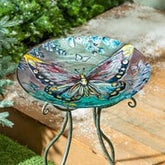 Evergreen Enterprises - Season to Sparkle Bird Bath, Hand-Painted Glass - Icy Butterfly, 18' - Southern Agriculture 