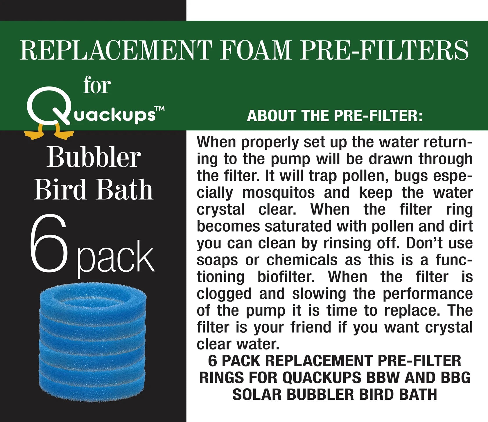 Quackups - Replacement Foam Pre-Filters for Bubbler Bird Bath