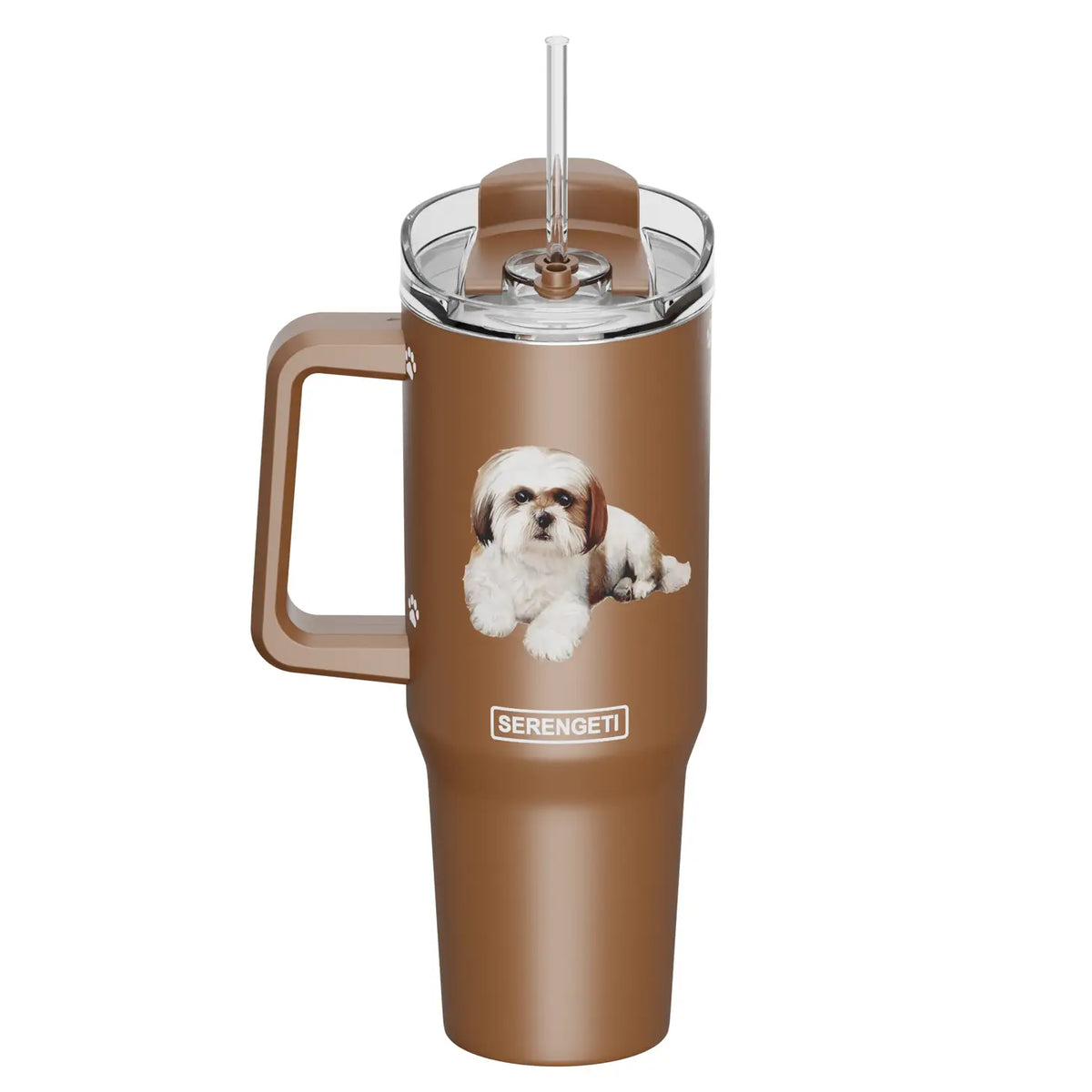 E & S Imports - Tumbler with Handle & Straw Shih Tzu Brown & White