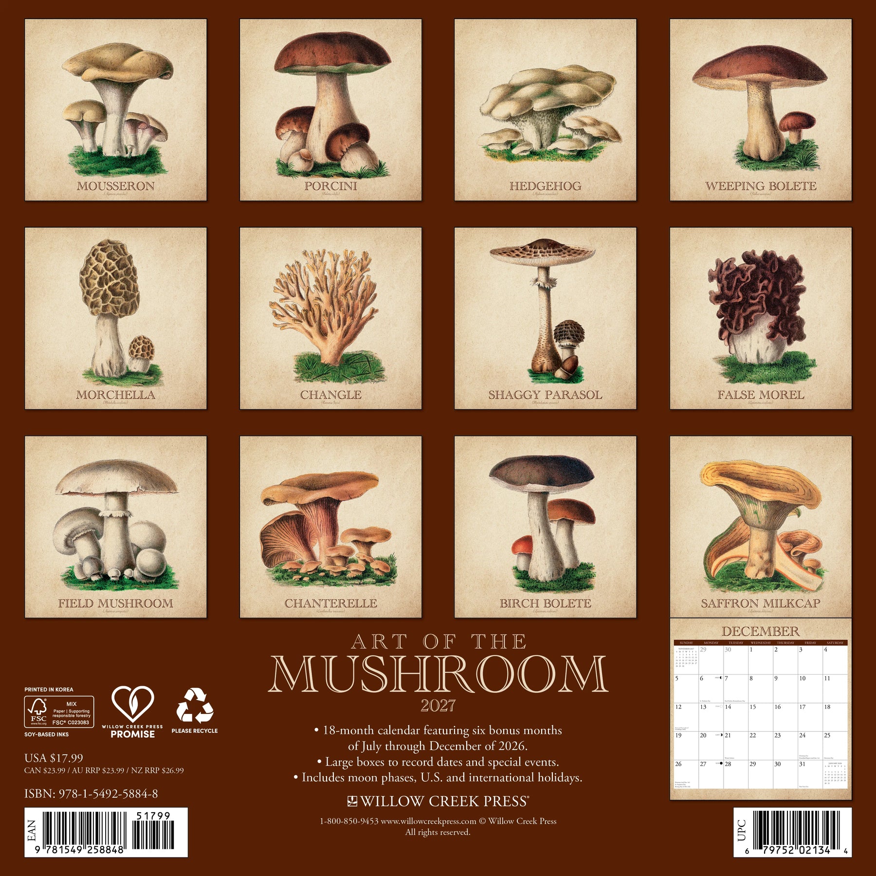 Willow Creek Press - 2027 Art Of The Mushroom Calendar