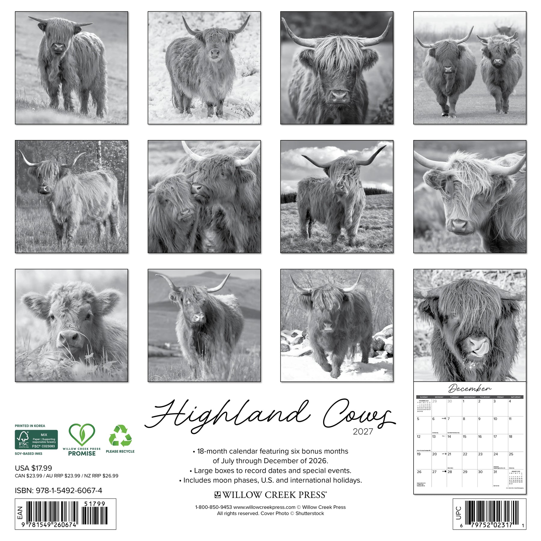 Willow Creek Press - 2027 Highland Cows B&W Calendar