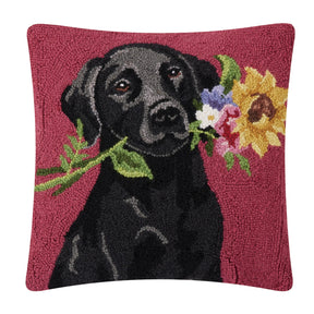 Peking Handicraft - Floral Black Lab Hook Pillow