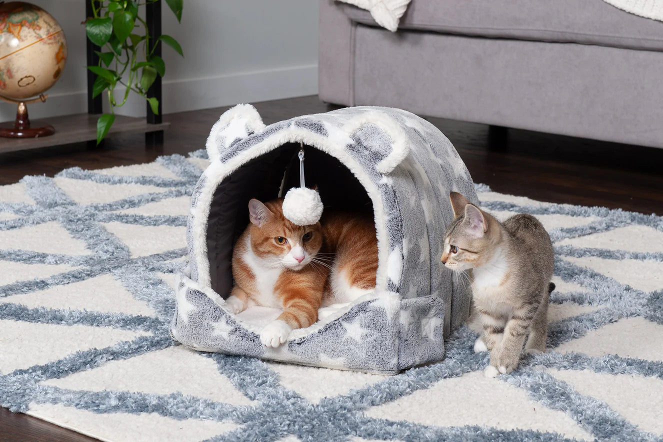 Petmate - Cozy Cave Star Print With Ears & Hanging Toy Inside 13x15x13"