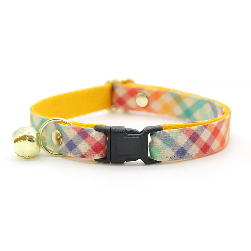 Made by Cleo - Cat Collar "Golden Hour" Rainbow Plaid with Gold Breakaway