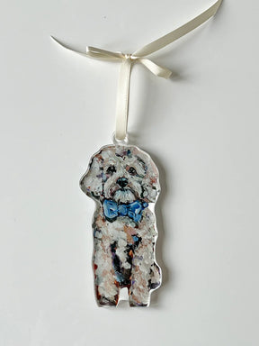 Chelsea McShane Art - Ornament Blonde Cavapoo With Blue Bow