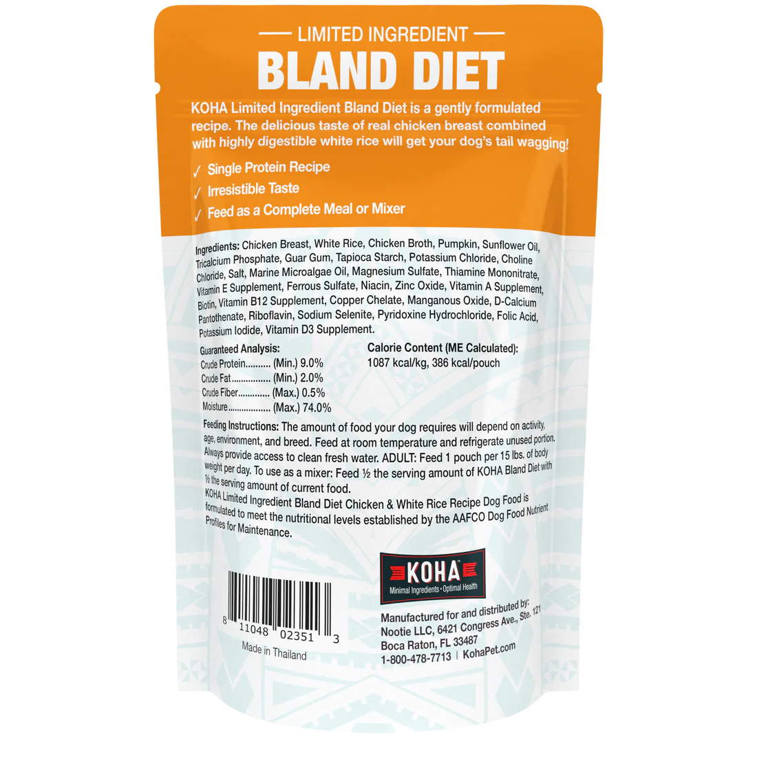 KOHA - Bland Diet Chicken & Rice Pouches Wet Dog Food 12.5 ounces - Southern Agriculture 