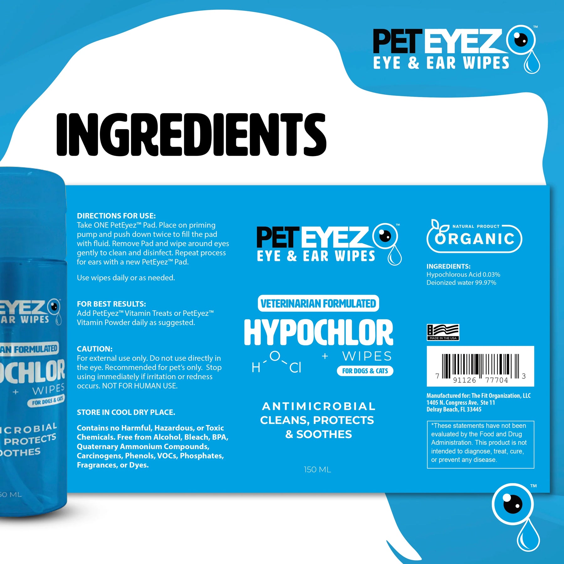PetEyez - Hypochlor + Eye & Ear Wipes For Dogs & Cats -Antimicrobial