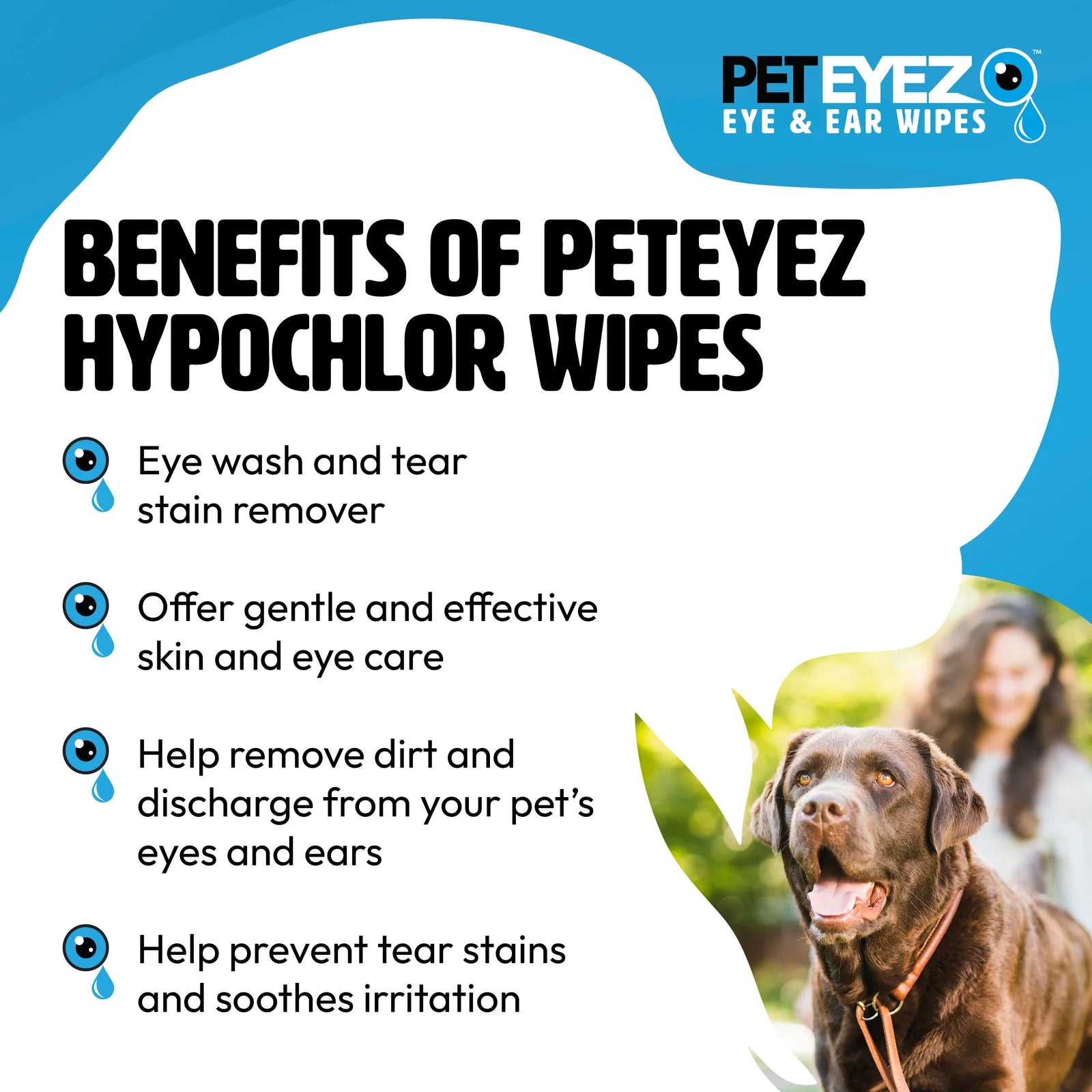 PetEyez - Hypochlor + Eye & Ear Wipes For Dogs & Cats -Antimicrobial