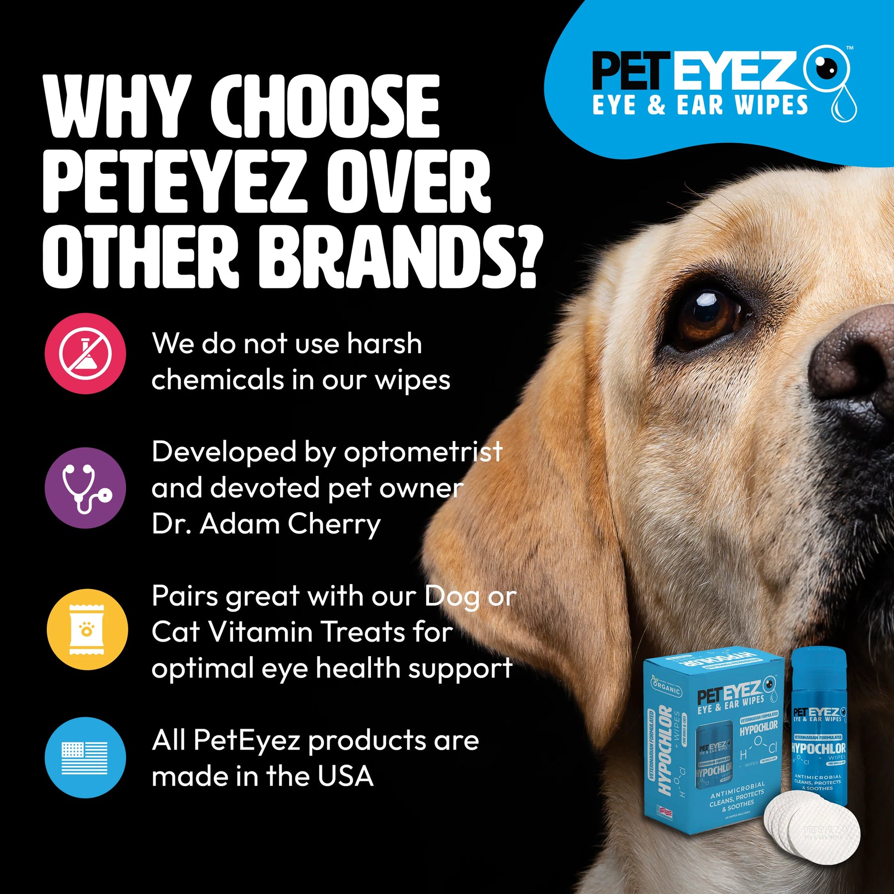 PetEyez - Hypochlor + Eye & Ear Wipes For Dogs & Cats -Antimicrobial
