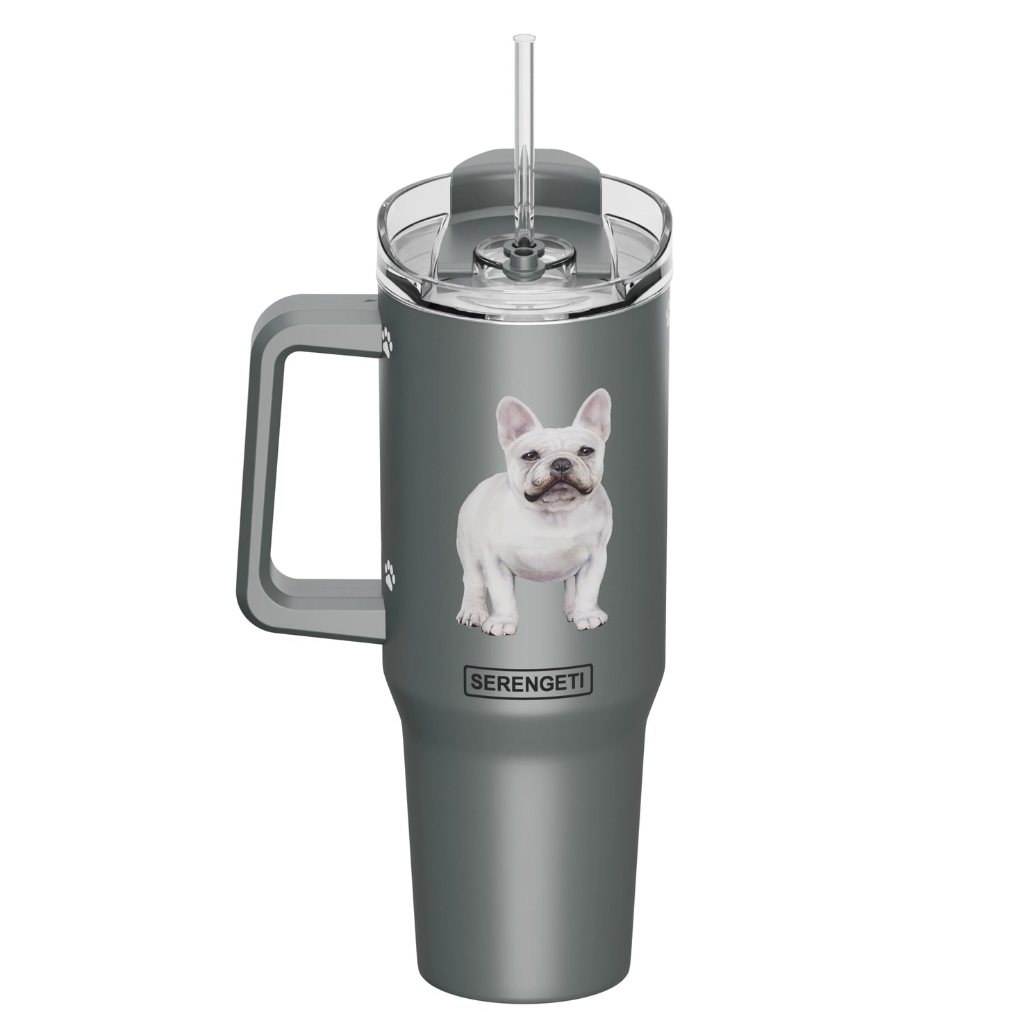 E & S Imports - Tumbler with Handle & Straw French Bulldog White