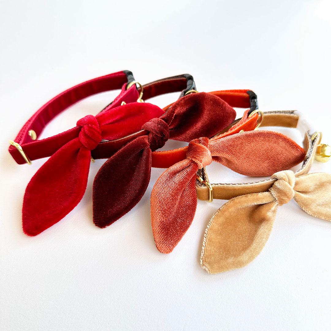 Made by Cleo - Cat Collar "Velvet-Roasted	Pumpkin" & Bunny Ear Bow Set