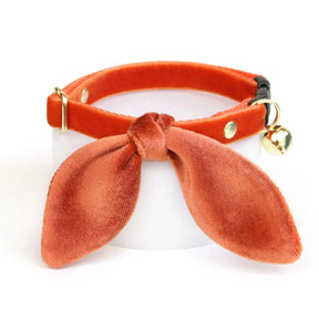 Made by Cleo - Cat Collar "Velvet-Roasted	Pumpkin" & Bunny Ear Bow Set