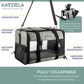 Katziela - Airline Approved Quilted Companion Carrier Cat & Dog Gray