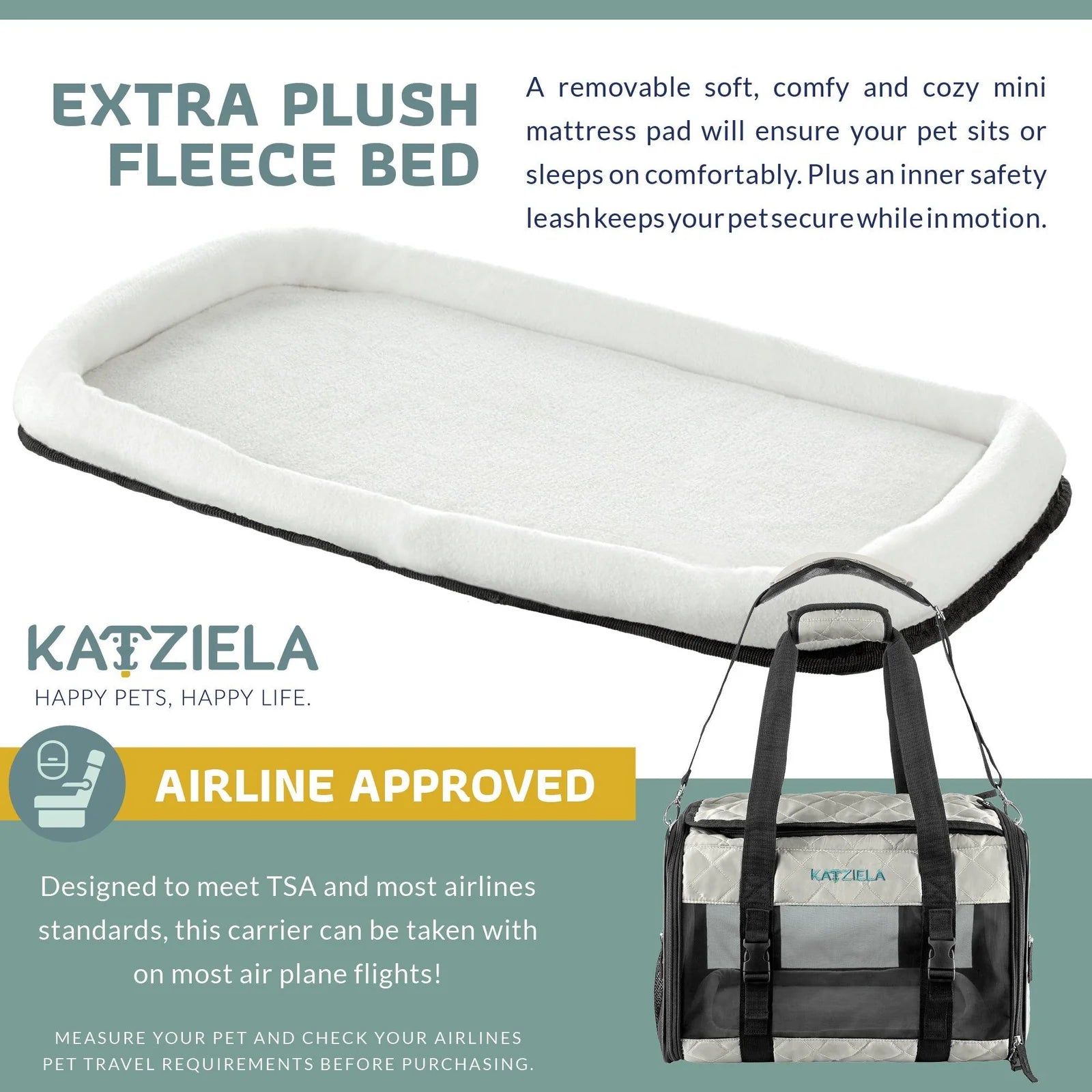Katziela - Airline Approved Quilted Companion Carrier Cat & Dog Gray