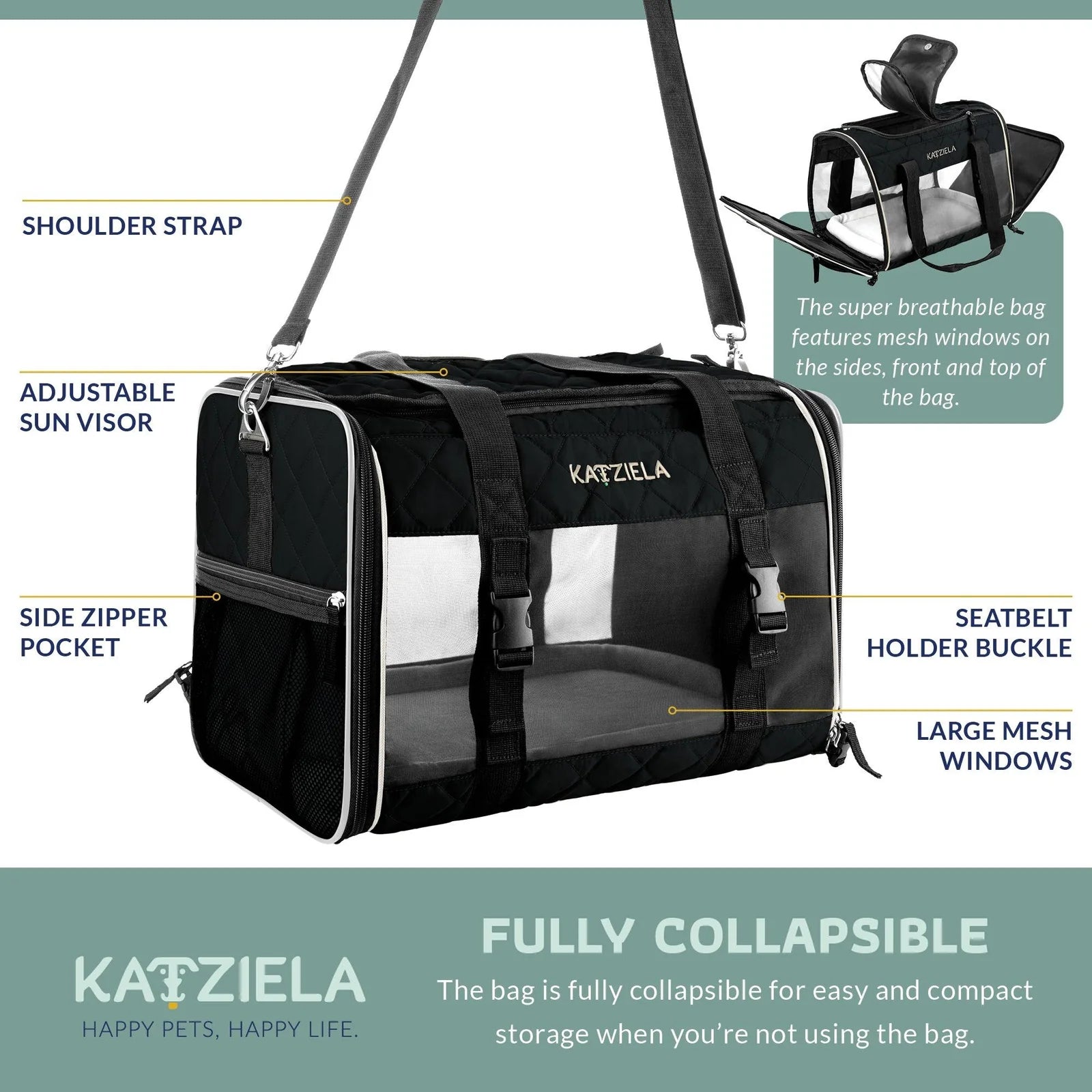 Katziela - Airline Approved Quilted Companion Carrier Cat & Dog Gray