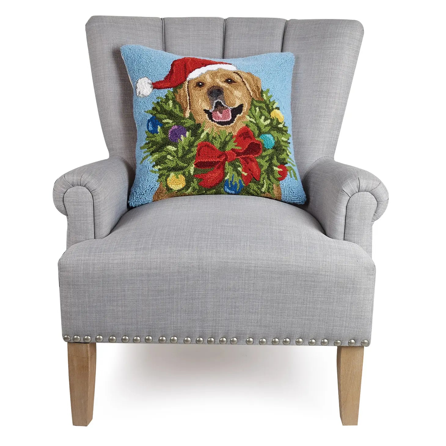 Peking Handicraft - Pillow Santa Golden Wreath on Blue