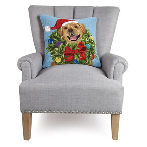 Peking Handicraft - Pillow Santa Golden Wreath on Blue