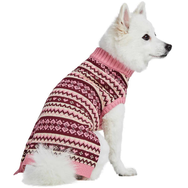 Blueberry Pet - Fair Isle Pullover Dog Sweater Pink Heart Design