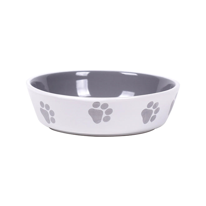 Blue Sky Clayworks - Bromley Dog Bowl Grey & White Paw Prints Ceramic 8"