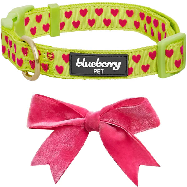 Blueberry Pet - Highlighter Green | Dotted Velvet Heart Dog Collar