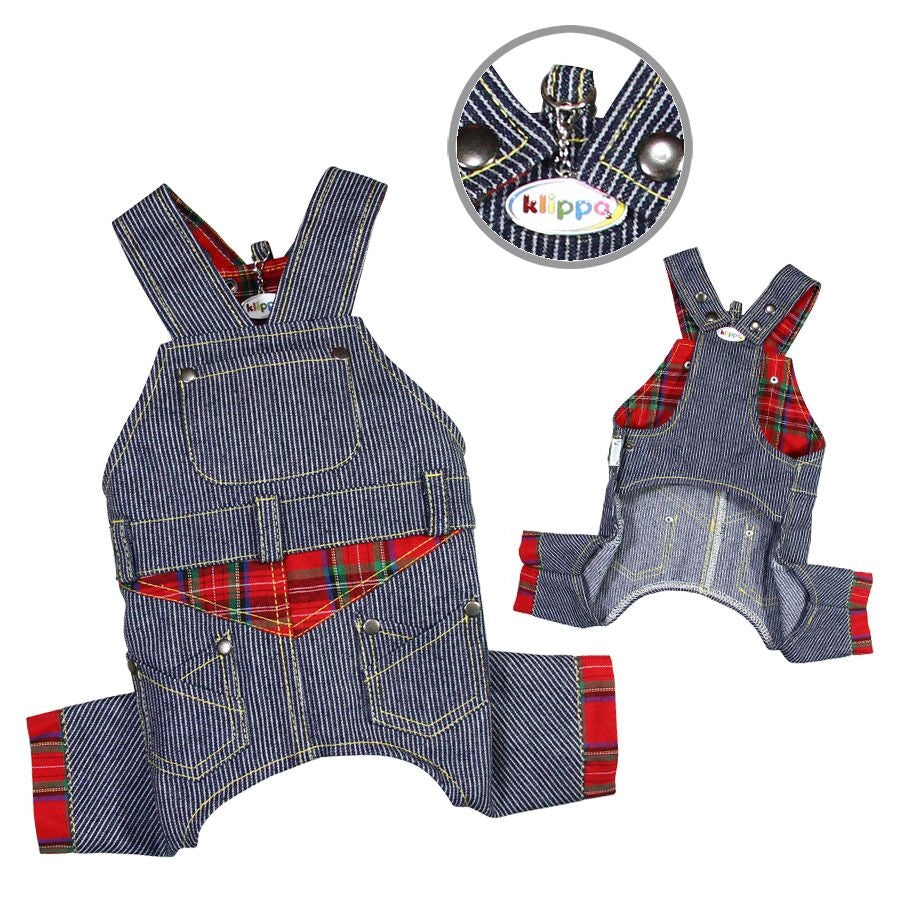 Klippo Pet - Adorable Stripey Denim Overall with Plaid Accents
