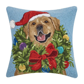 Peking Handicraft - Pillow Santa Golden Wreath on Blue