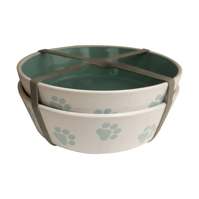 Blue Sky Clayworks - Bromley Dog Bowl Set of Two Paw Prints Ceramic Turquoise