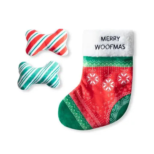 Petshop by Fringe Studio - Dog Toy Hide & Seek Toy Merry Woofmas Stocking & 2 Bones