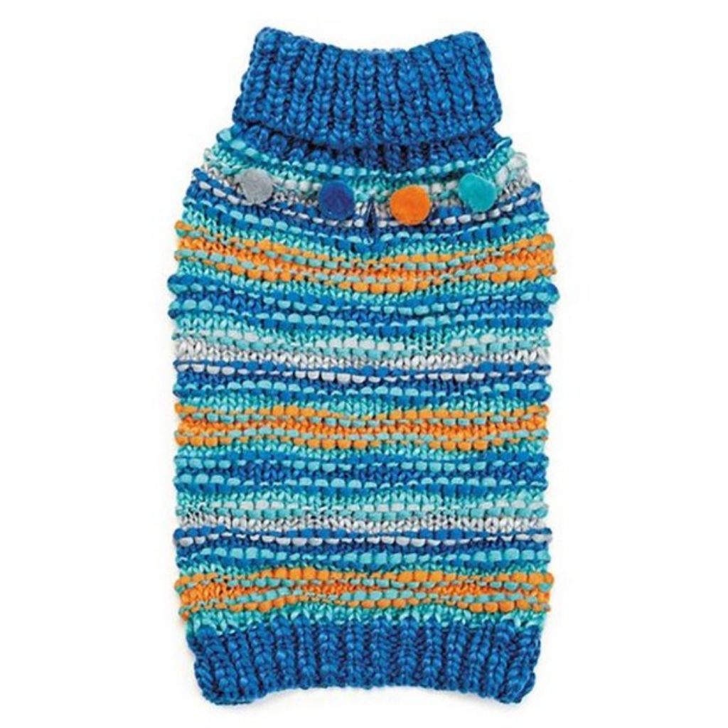Pet Edge - Sweater Chunky Pompom - Stripe Top w/ Blue Collar & Belly