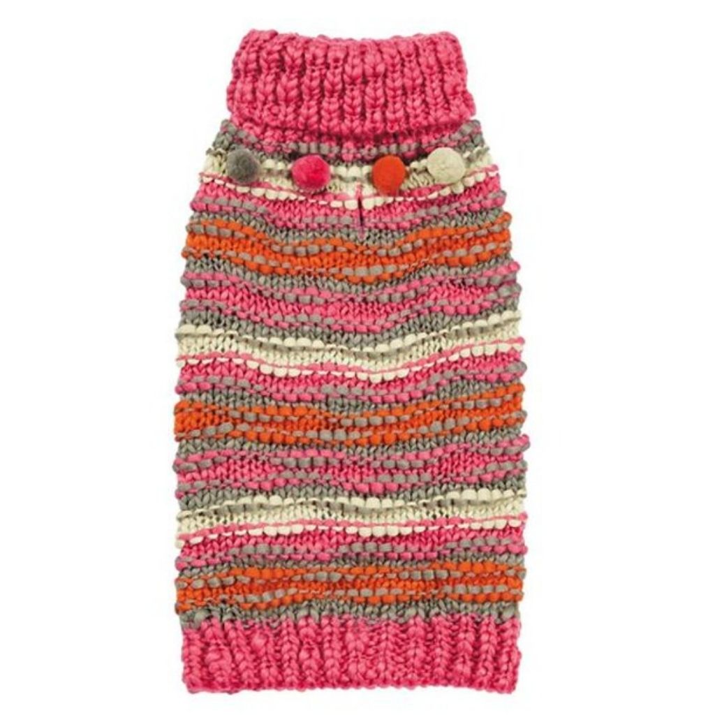 Pet Edge - Sweater Chunky Pompom - Stripe Top w/ Pink Collar & Belly