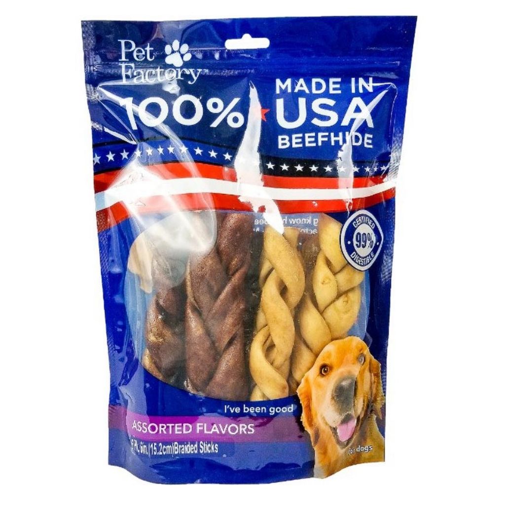 Pet Factory - Braided Sticks Rawhide 100% USA Beefhide 6" 6 pack - Southern Agriculture 