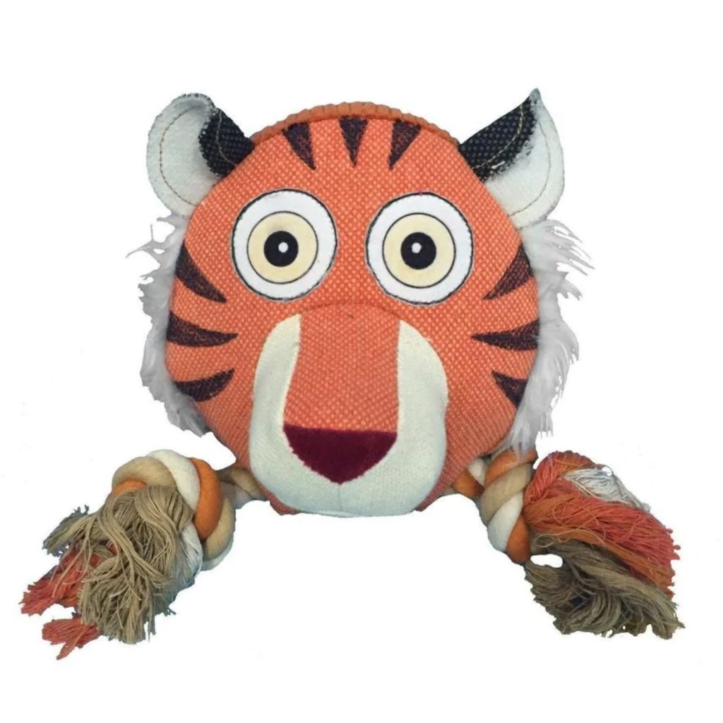 DogLine - Safari Tiger Face With Double Knotted Rope - Giant Round Squeaker