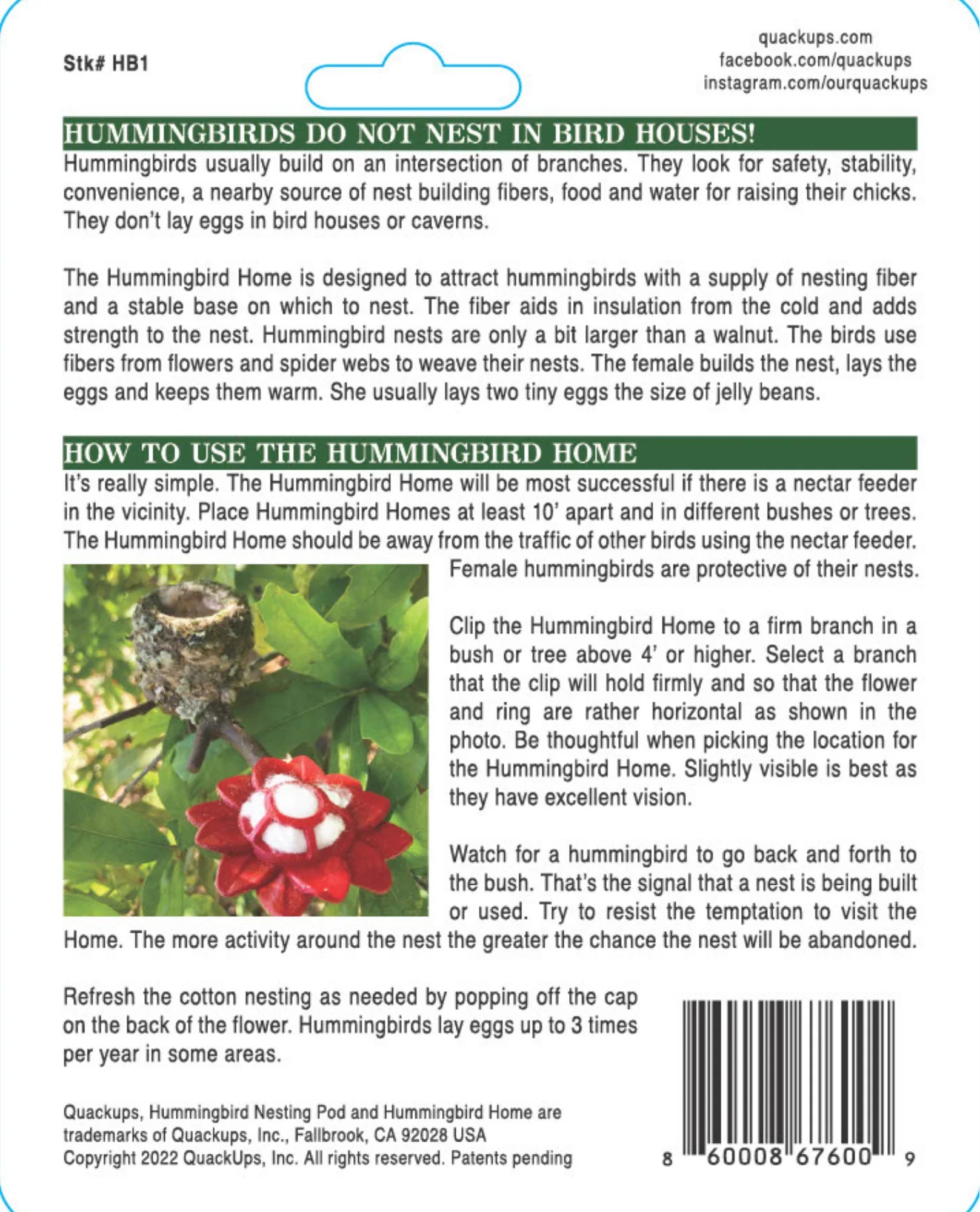 Quackups - Hummingbird Home w/Nesting Fiber & Ring red Flower - Southern Agriculture 