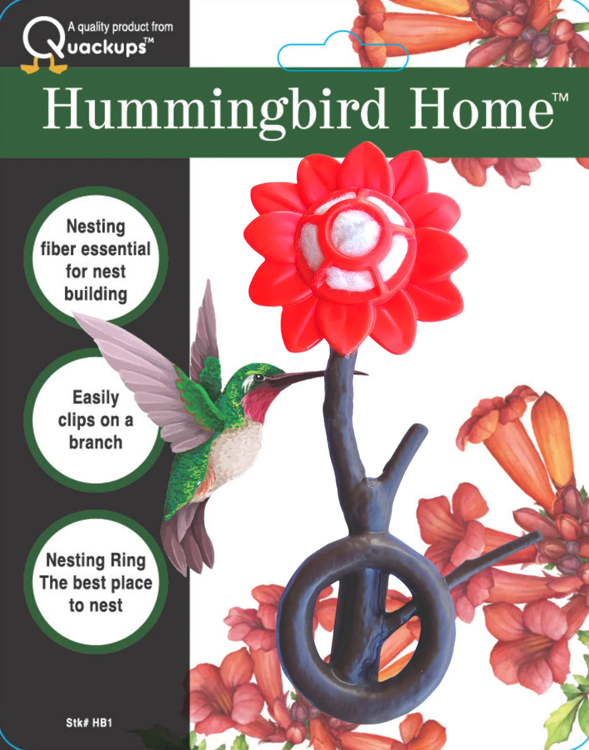 Quackups - Hummingbird Home w/Nesting Fiber & Ring red Flower - Southern Agriculture 