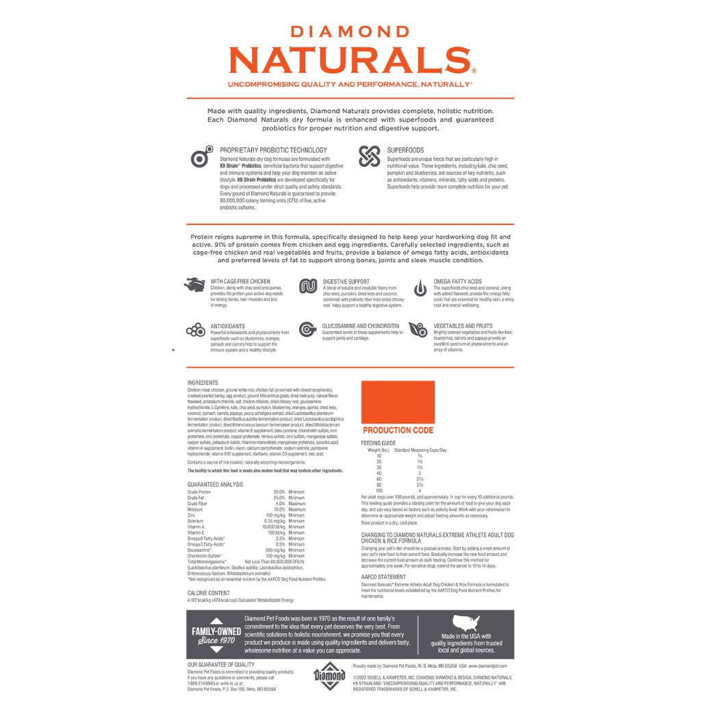 Diamond Naturals - Extreme Athlete Adult Dog Chicken & Rice Formula Dry Dog Food - Southern Agriculture 