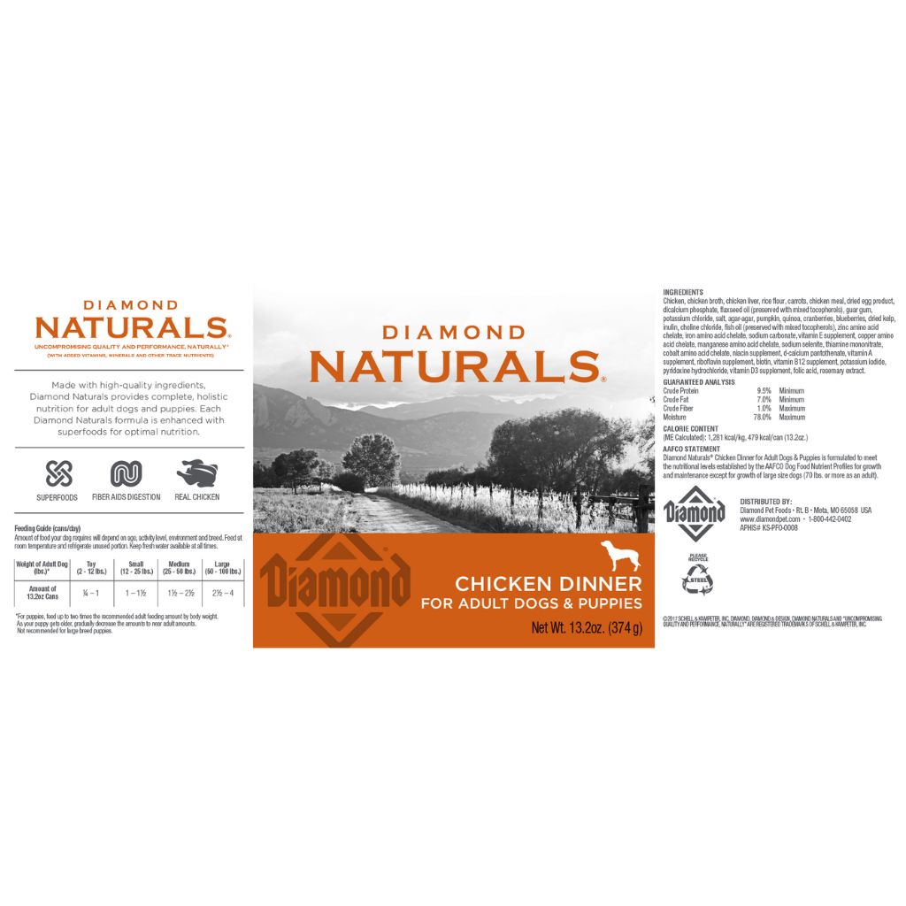 Diamond, Naturals - All Dog Breeds, All Life Stages Chicken Dinner Canned Dog Food - Southern Agriculture 
