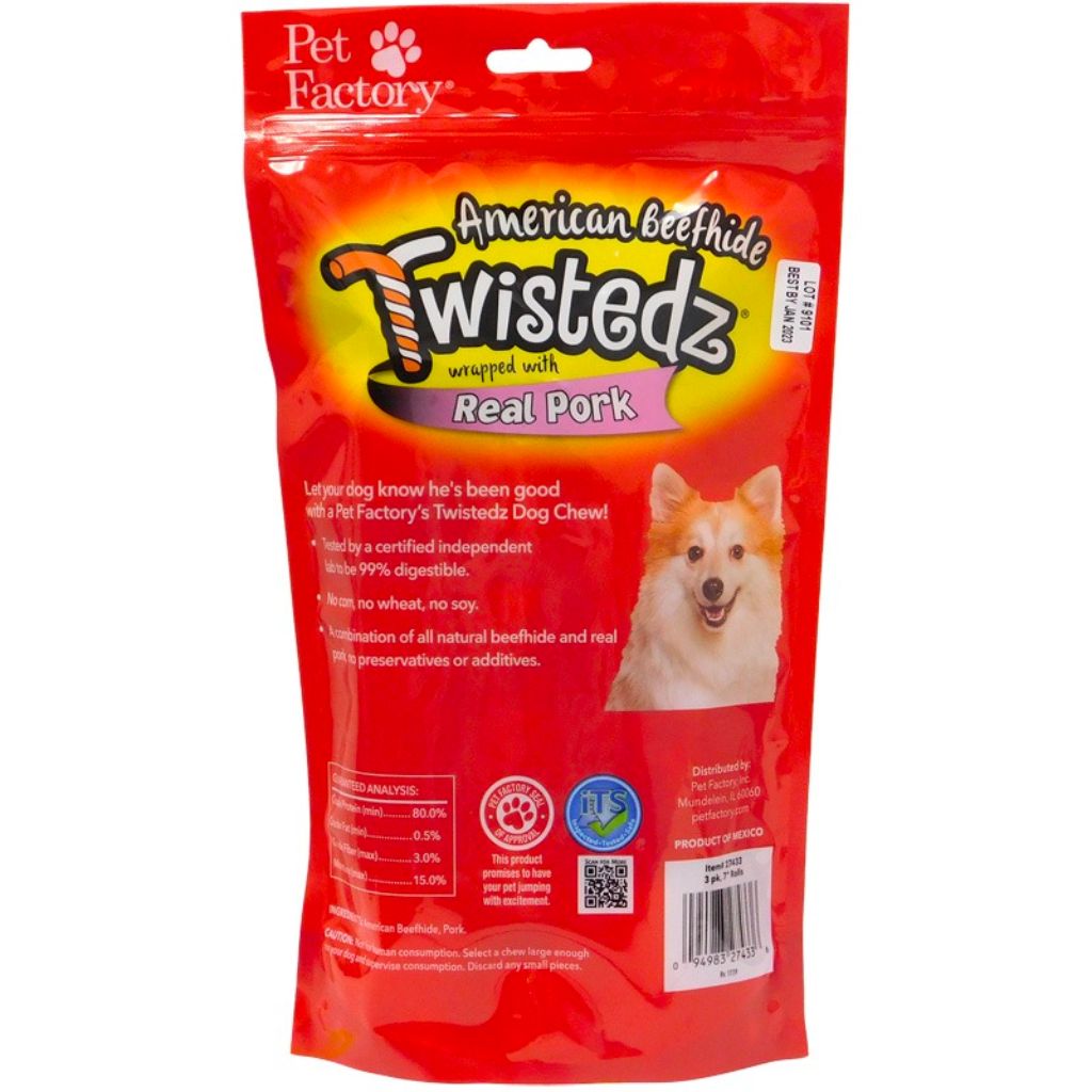 Pet Factory - Twistedz Beefhide Rolls W/Pork 7" 3 pk