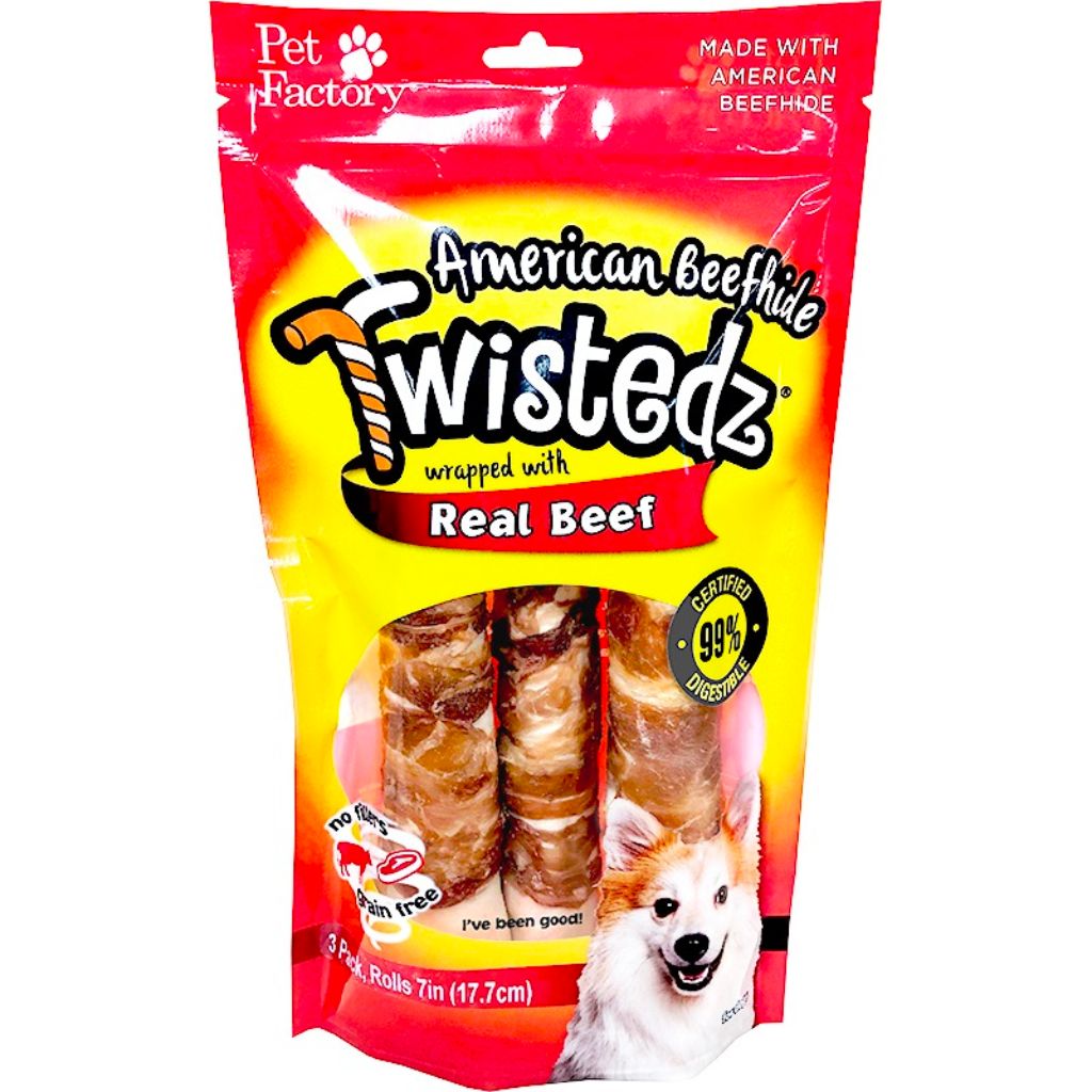 Pet Factory - Twistedz Beefhide Rolls W/Beef 7" 3 pk