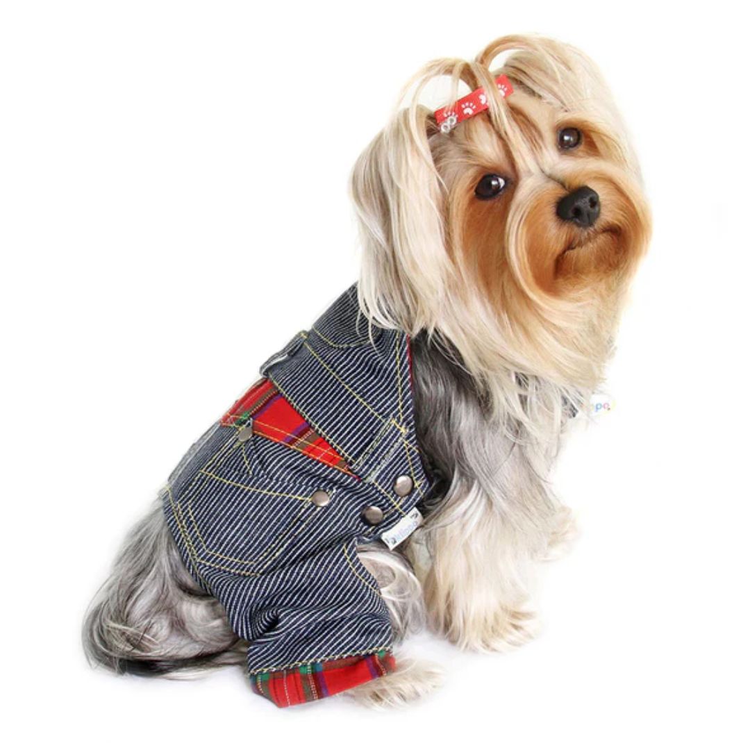 Klippo Pet - Adorable Stripey Denim Overall with Plaid Accents